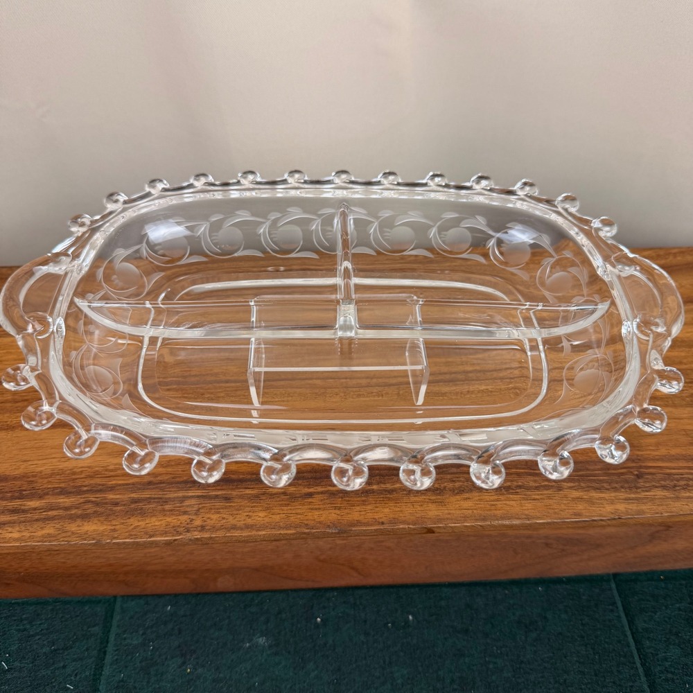 Vintage Heisey Glass Moonglo Lariat Divided Relish Dish Clear Etched 3 Part Tray